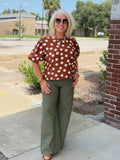 Brown and Off White Polka Dot Puff Sleeve Woven Blouse