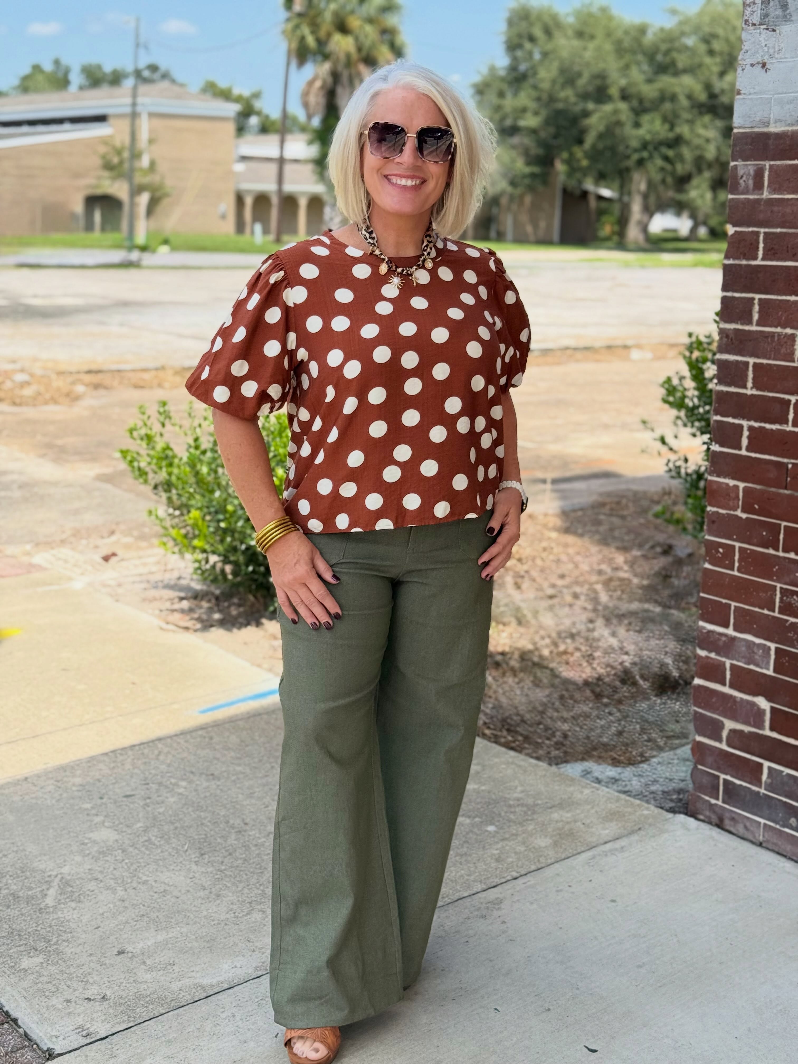 Brown and Off White Polka Dot Puff Sleeve Woven Blouse