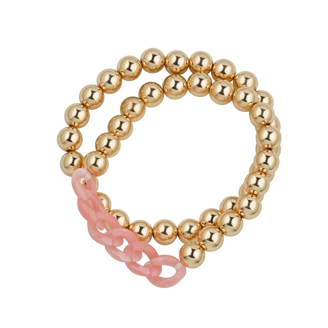 Pink Acrylic Chain and Gold Beaded 2 Strand Stretch Bracelet